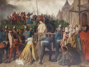 Isidore Patrois, Jeanne d'Arc allant au supplice - dettaglio. A destra si nota la Tour de Jeanne d'Arc